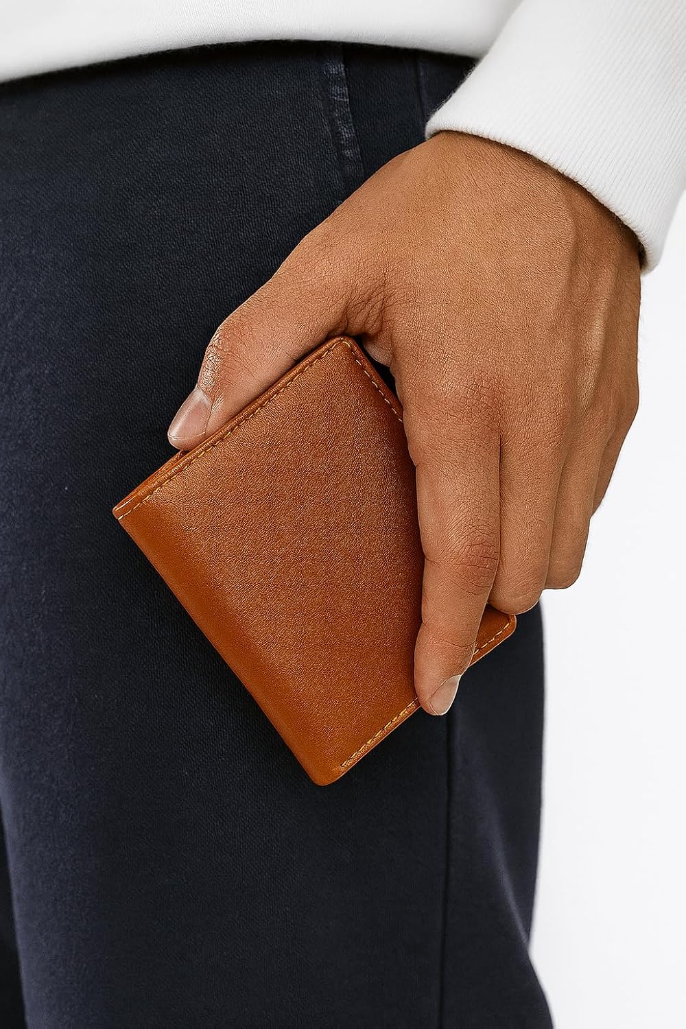 WRIZA Men's Genuine Leather Trifold Wallet | Tan Slim Credit Card Holder with 7 Slots & ID Window