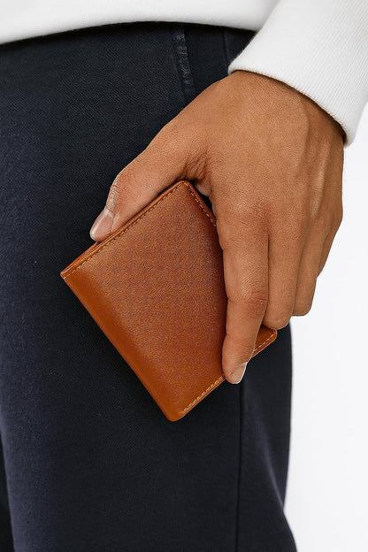 WRIZA Men's Genuine Leather Trifold Wallet | Tan Slim Credit Card Holder with 7 Slots & ID Window