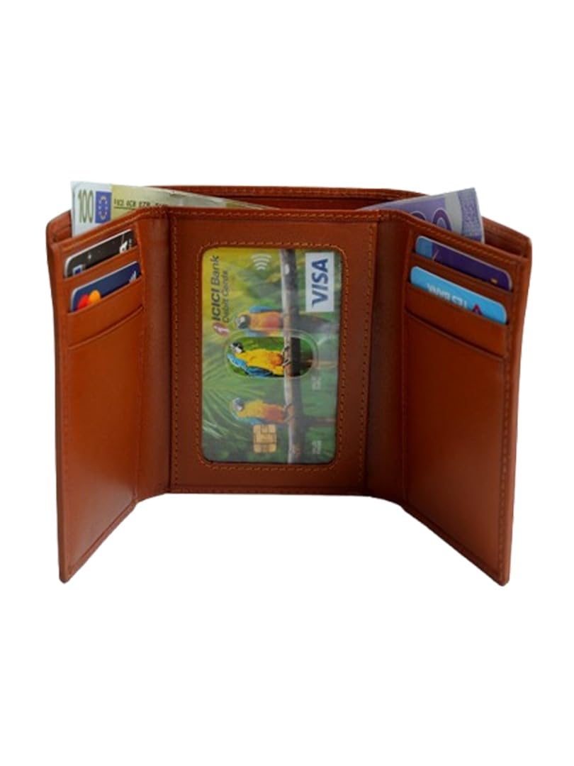 WRIZA Men's Genuine Leather Trifold Wallet | Tan Slim Credit Card Holder with 7 Slots & ID Window
