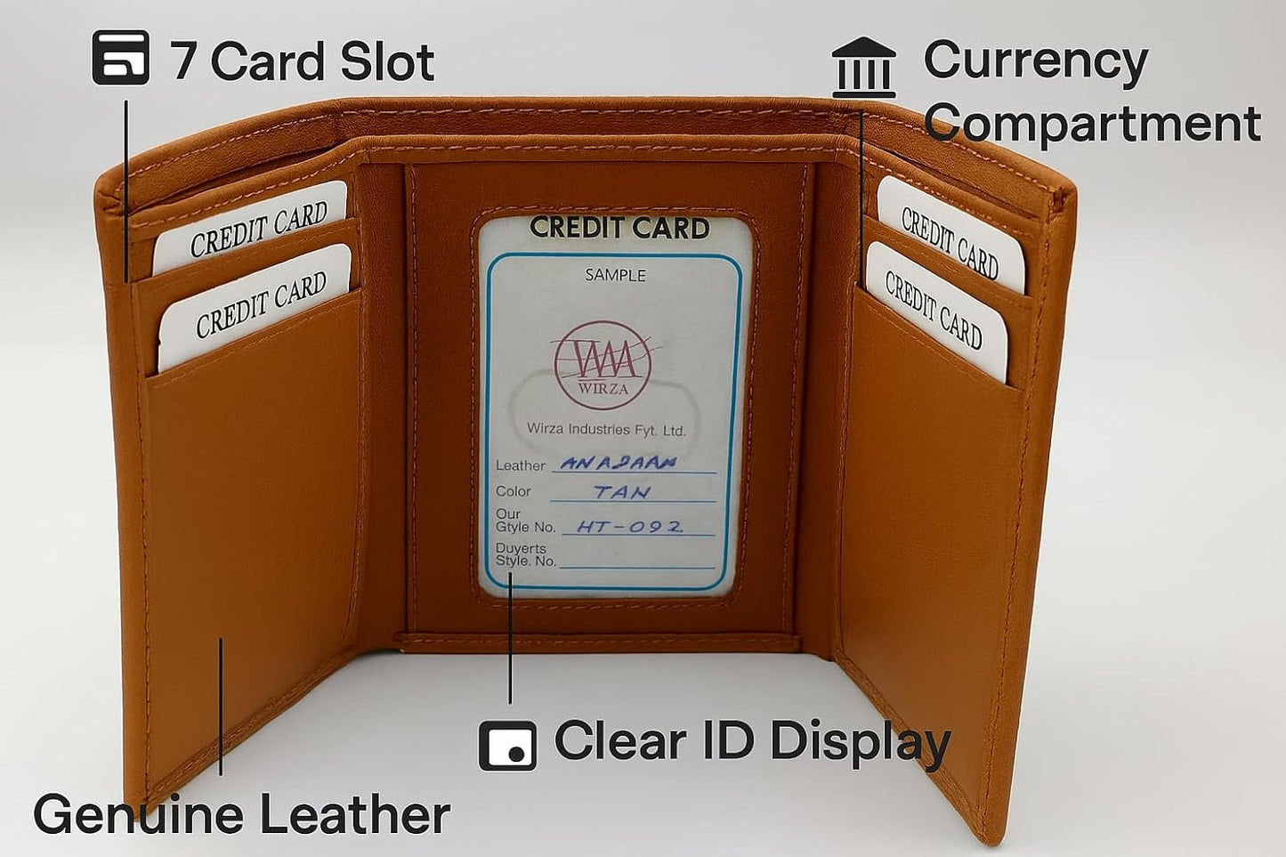 WRIZA Men's Genuine Leather Trifold Wallet | Tan Slim Credit Card Holder with 7 Slots & ID Window