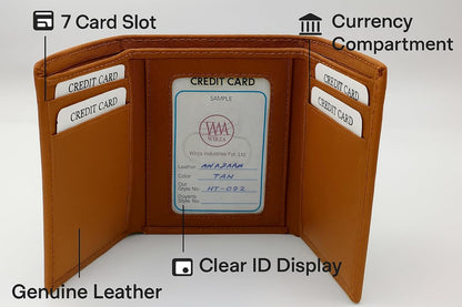 WRIZA Men's Genuine Leather Trifold Wallet | Tan Slim Credit Card Holder with 7 Slots & ID Window