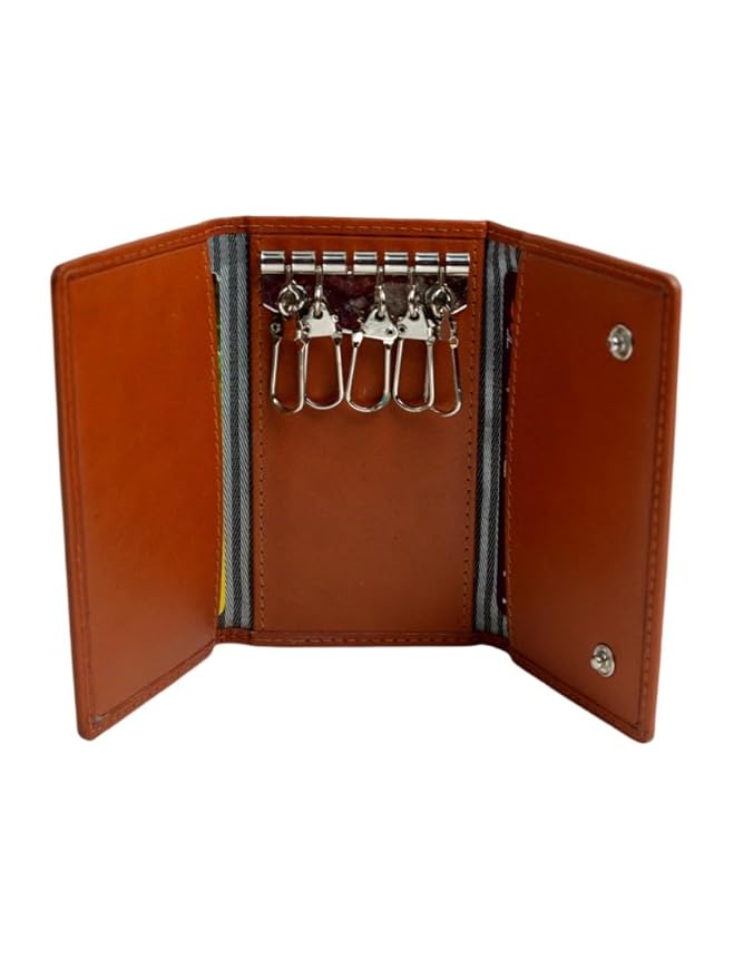 WRIZA Genuine Leather Key Case for Men & Women | Tri-Fold 6-Hook Key Holder Wallet with Dual Snap Button Closure & Card Slots | Tan