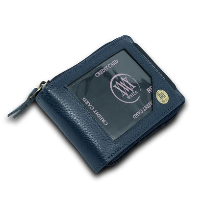 WRIZA Genuine Leather RFID Blocking Card Case Wallet for Men & Women | Navy Blue (11 Slots)