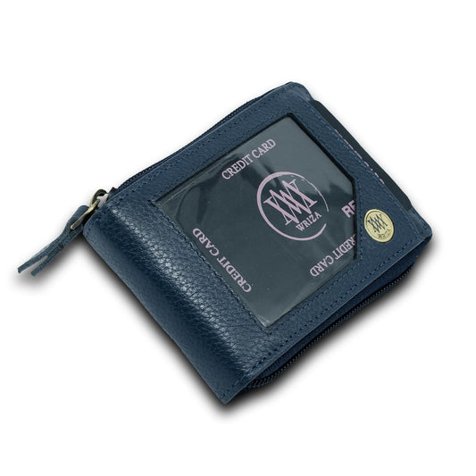 WRIZA Genuine Leather RFID Blocking Card Case Wallet for Men & Women | Navy Blue (11 Slots)