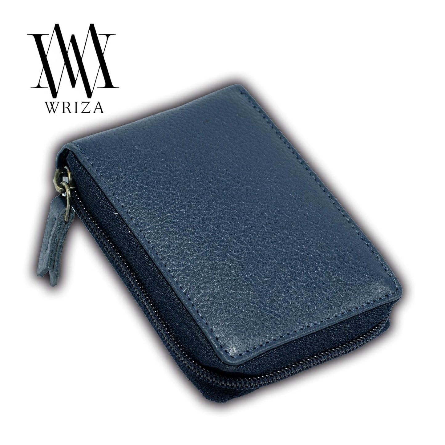 WRIZA Genuine Leather RFID Blocking Card Case Wallet for Men & Women | Navy Blue (11 Slots)