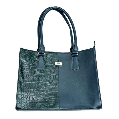 WRIZA Genuine Leather Handbag for Women | Dark Blue & Green Croco Textured Tote Bag for Office & Travel | Large Multipurpose Shoulder Bag Fits Laptop & Bottle