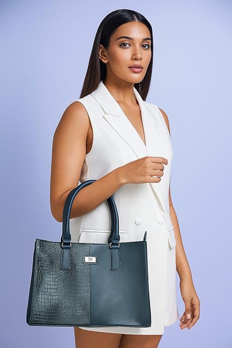 WRIZA Genuine Leather Handbag for Women | Dark Blue & Green Croco Textured Tote Bag for Office & Travel | Large Multipurpose Shoulder Bag Fits Laptop & Bottle