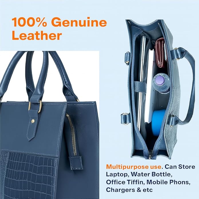 WRIZA Genuine Leather Handbag for Women | Dark Blue & Green Croco Textured Tote Bag for Office & Travel | Large Multipurpose Shoulder Bag Fits Laptop & Bottle
