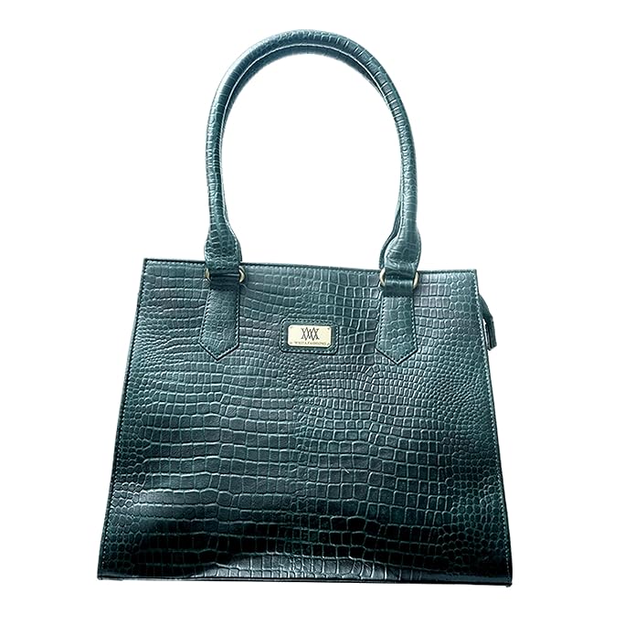 WRIZA Women's Genuine Leather Handbag | Emerald Green Crocodile Textured Tote for Office & Casual Use | Multi-Compartment Satchel Bag with Top Handle