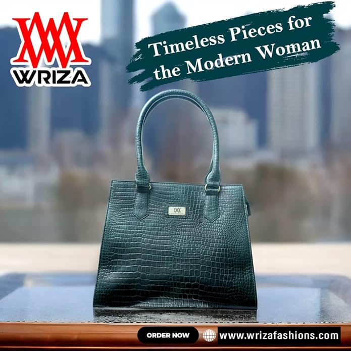 WRIZA Women's Genuine Leather Handbag | Emerald Green Crocodile Textured Tote for Office & Casual Use | Multi-Compartment Satchel Bag with Top Handle