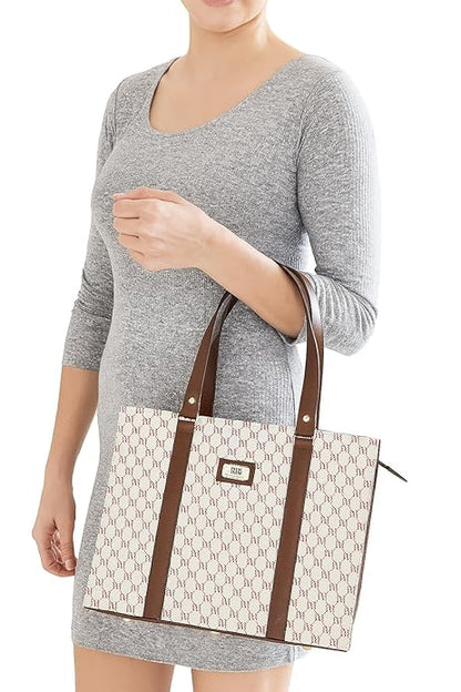WRIZA Women's Genuine Leather Tote Bag | Large Office Handbag with Laptop Compartment | Monogram Printed Textured Shoulder Bag for Work & Travel