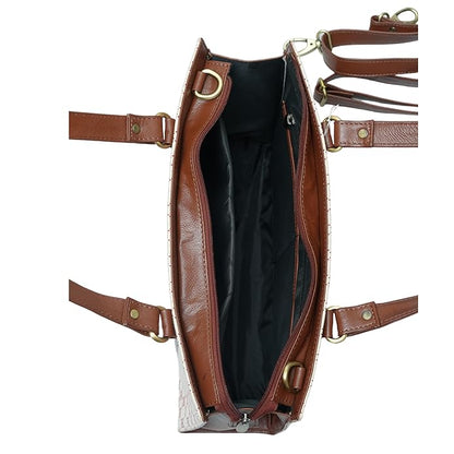 WRIZA Women's Genuine Leather Tote Bag | Large Office Handbag with Laptop Compartment | Monogram Printed Textured Shoulder Bag for Work & Travel