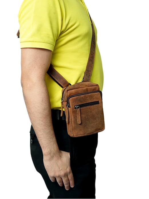 WRIZA Genuine Leather Crossbody Bag for Men & Women | Small Travel Messenger Bag with 2 Main Compartments & Waterproof Lining | Tan Brown