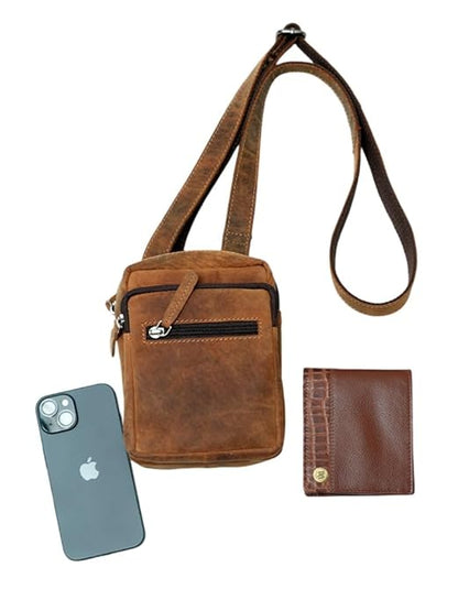 WRIZA Genuine Leather Crossbody Bag for Men & Women | Small Travel Messenger Bag with 2 Main Compartments & Waterproof Lining | Tan Brown