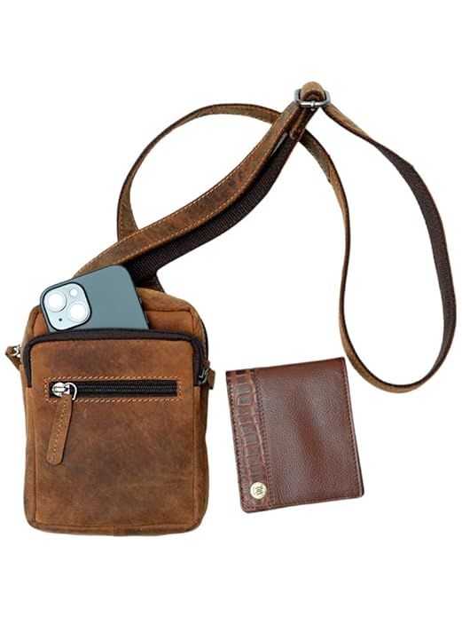 WRIZA Genuine Leather Crossbody Bag for Men & Women | Small Travel Messenger Bag with 2 Main Compartments & Waterproof Lining | Tan Brown