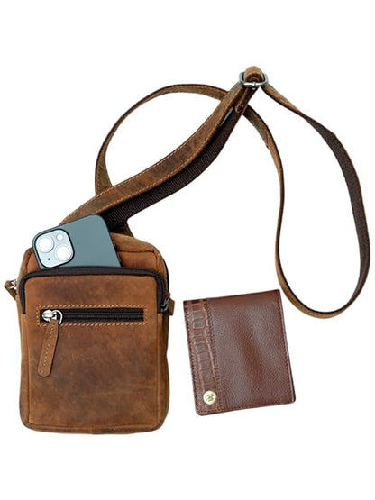 WRIZA Genuine Leather Crossbody Bag for Men & Women | Small Travel Messenger Bag with 2 Main Compartments & Waterproof Lining | Tan Brown