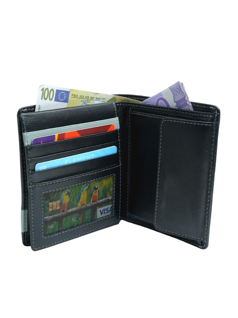 WRIZA Men's Genuine Leather Bifold Wallet | 11 Card Slots & Coin Pocket | Sleek Black Slim Wallet for Men with ID Window and Contrast Detail