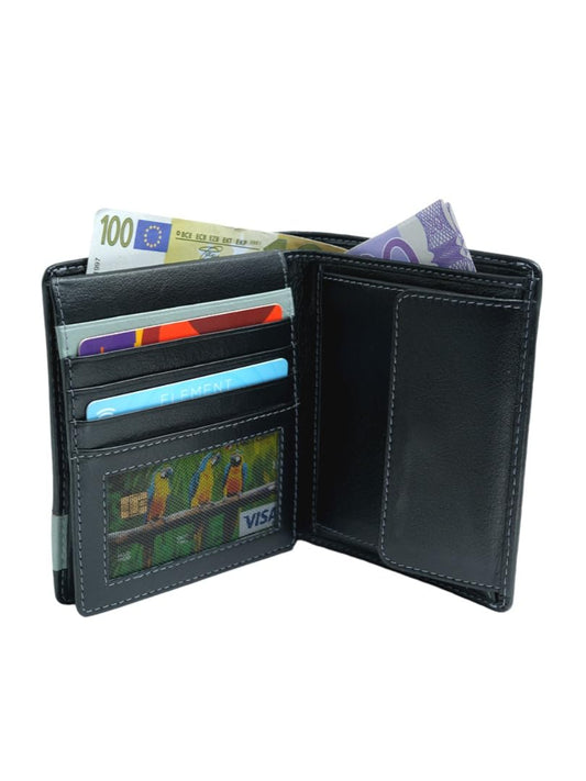 WRIZA Men's Genuine Leather Bifold Wallet | 11 Card Slots & Coin Pocket | Sleek Black Slim Wallet for Men with ID Window and Contrast Detail