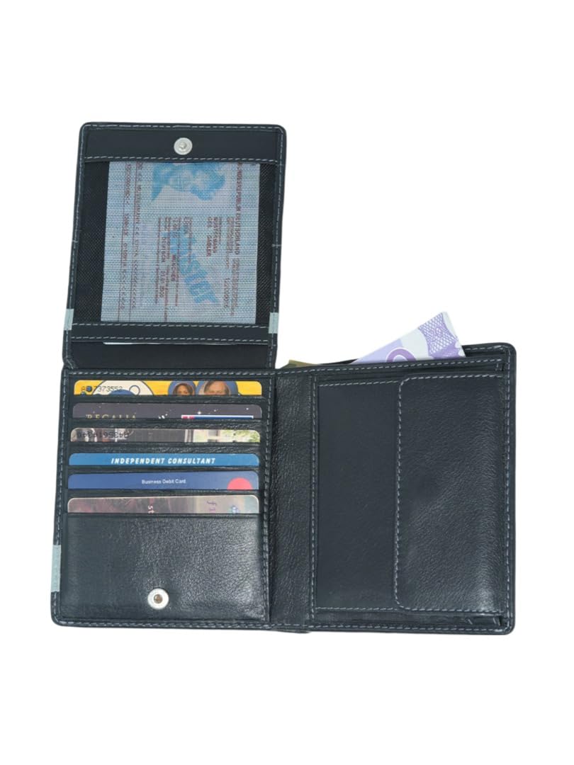 WRIZA Men's Genuine Leather Bifold Wallet | 11 Card Slots & Coin Pocket | Sleek Black Slim Wallet for Men with ID Window and Contrast Detail