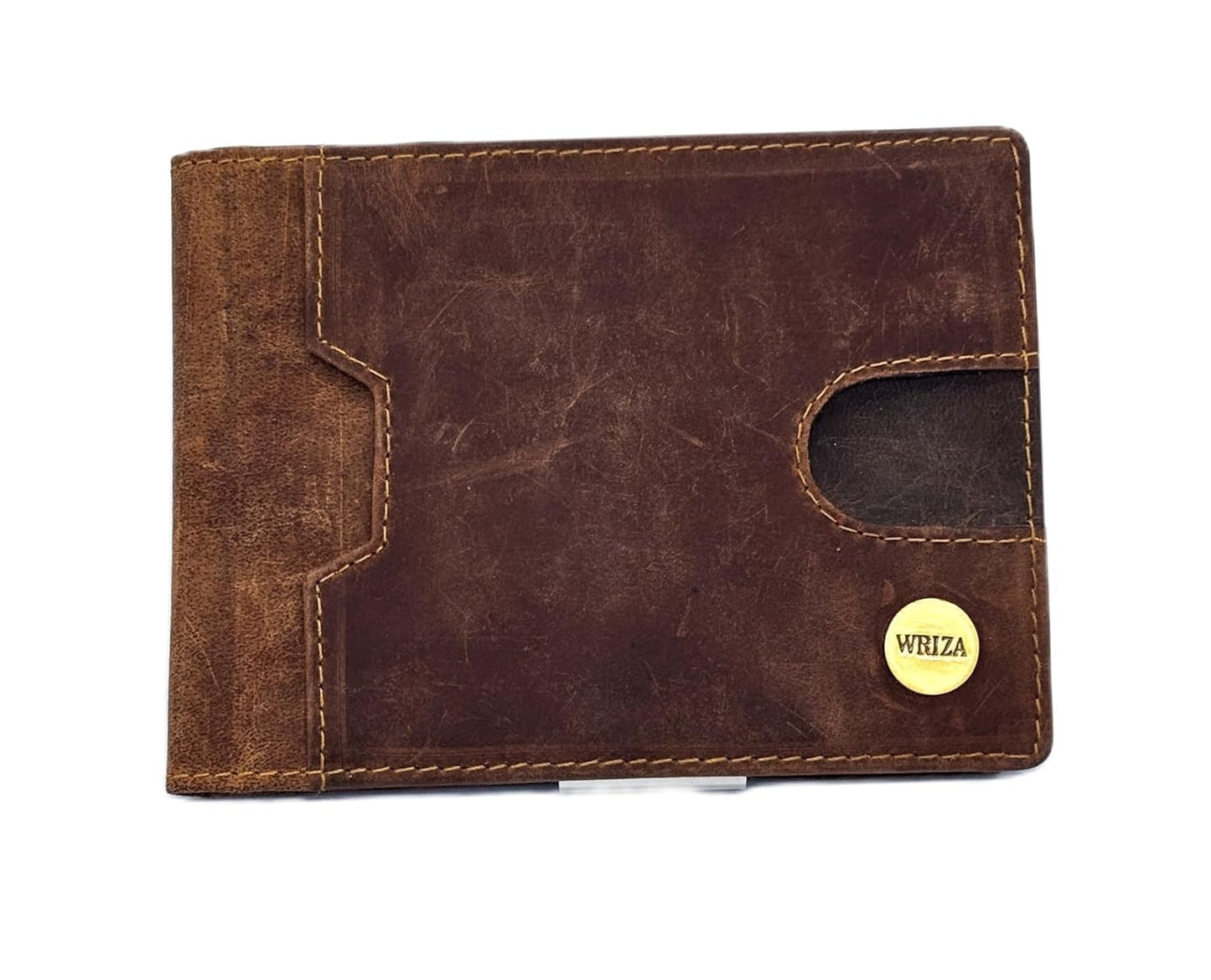 WRIZA Men's Genuine Hunter Leather Wallet with RFID Blocking, 9 Card Slots, Metal Money Clip and Zipper Coin Pocket - Slim Bifold Vintage Brown Purse