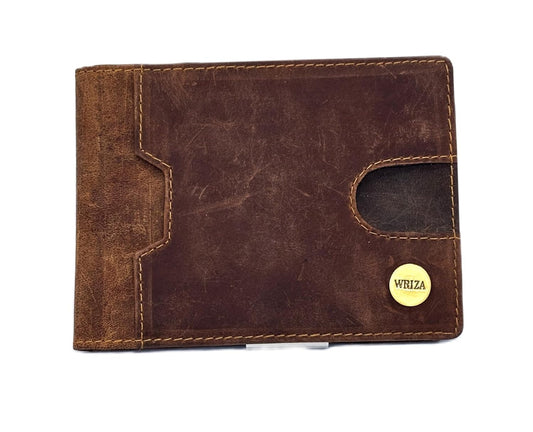 WRIZA Men's Genuine Hunter Leather Wallet with RFID Blocking, 9 Card Slots, Metal Money Clip and Zipper Coin Pocket - Slim Bifold Vintage Brown Purse