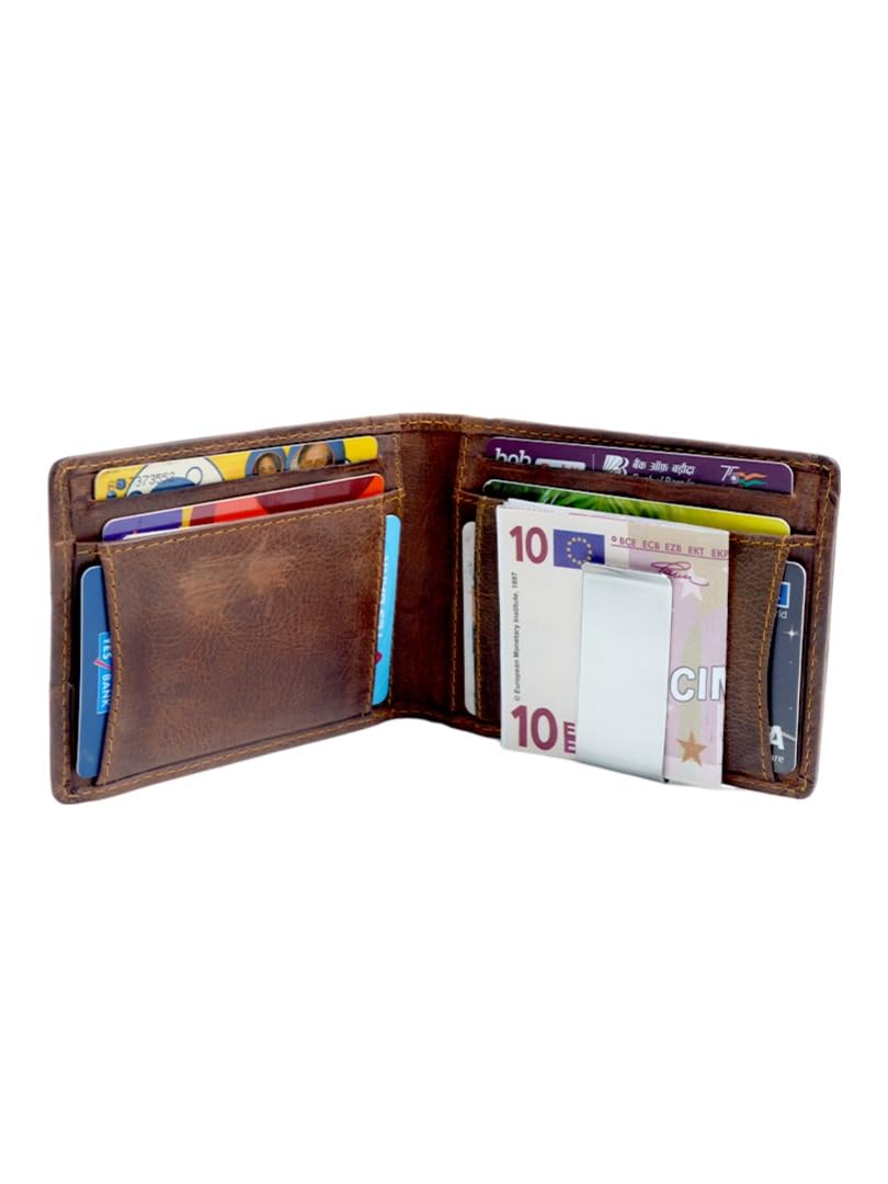 WRIZA Men's Genuine Hunter Leather Wallet with RFID Blocking, 9 Card Slots, Metal Money Clip and Zipper Coin Pocket - Slim Bifold Vintage Brown Purse