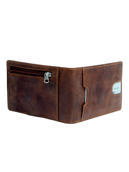 WRIZA Men's Genuine Hunter Leather Wallet with RFID Blocking, 9 Card Slots, Metal Money Clip and Zipper Coin Pocket - Slim Bifold Vintage Brown Purse