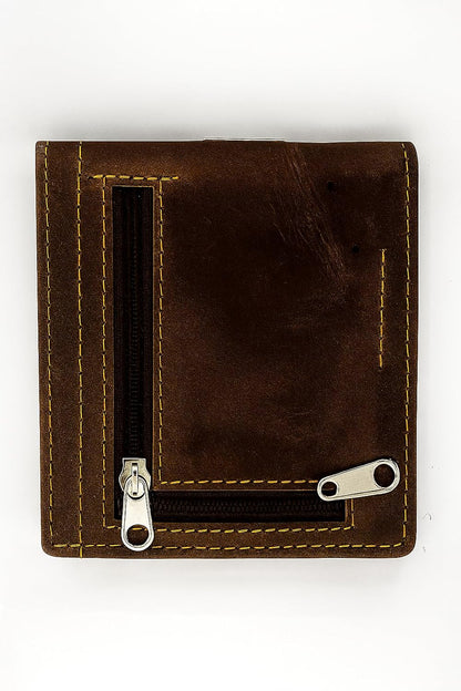 WRIZA Men's Genuine Hunter Leather Wallet with RFID Blocking, 9 Card Slots, Metal Money Clip and Zipper Coin Pocket - Slim Bifold Vintage Brown Purse