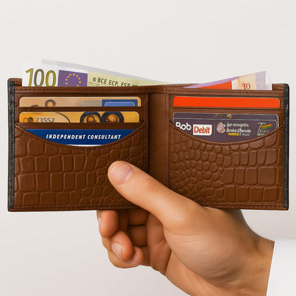 WRIZA Men's Tan Croco Textured Genuine Leather Bifold Wallet | Multiple Card Slots & Coin Pocket | Slim Formal Wallet for Men | Premium Durable Craftmanship