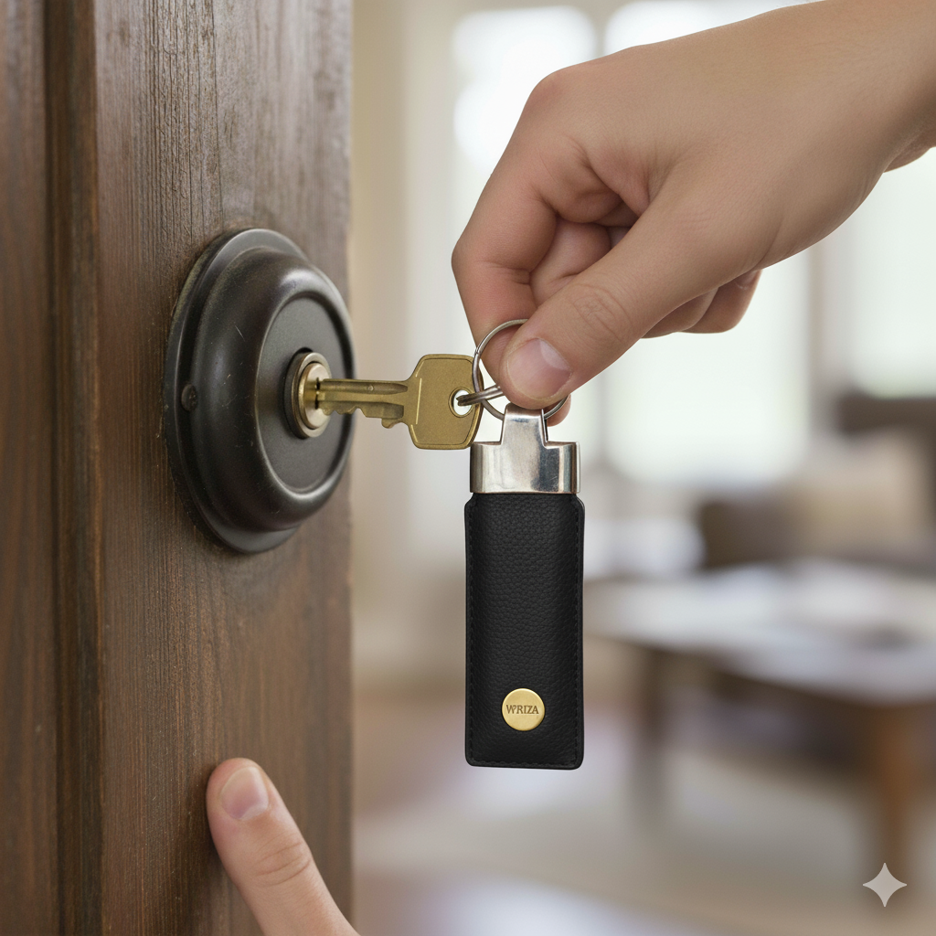 WRIZA Handcrafted Genuine Leather Keychain | Premium Black Leather Keyring with Sturdy Metal Ring for Car, Home & Office Keys | Elegant Gift for Men & Women