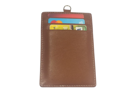 WRIZA Genuine Leather ID Card Holder Case with Neck Lanyard Loop | Handcrafted Vertical Office Badge Holder with 3 Credit Card Slots for Men & Women (Tan)
