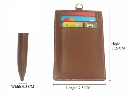 WRIZA Genuine Leather ID Card Holder Case with Neck Lanyard Loop | Handcrafted Vertical Office Badge Holder with 3 Credit Card Slots for Men & Women (Tan)