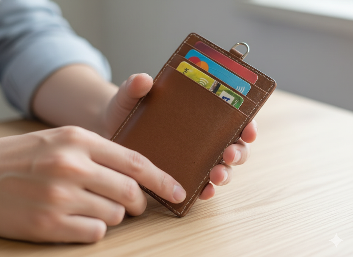 WRIZA Genuine Leather ID Card Holder Case with Neck Lanyard Loop | Handcrafted Vertical Office Badge Holder with 3 Credit Card Slots for Men & Women (Tan)