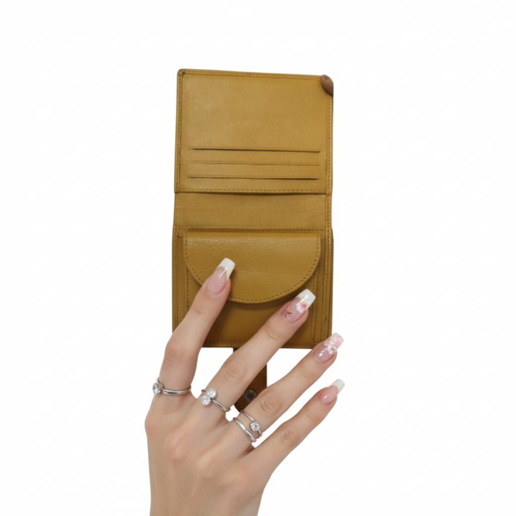 WRIZA Women Mustard Yellow Genuine Leather Two Fold Wallet | Small Purse with Coin Pocket