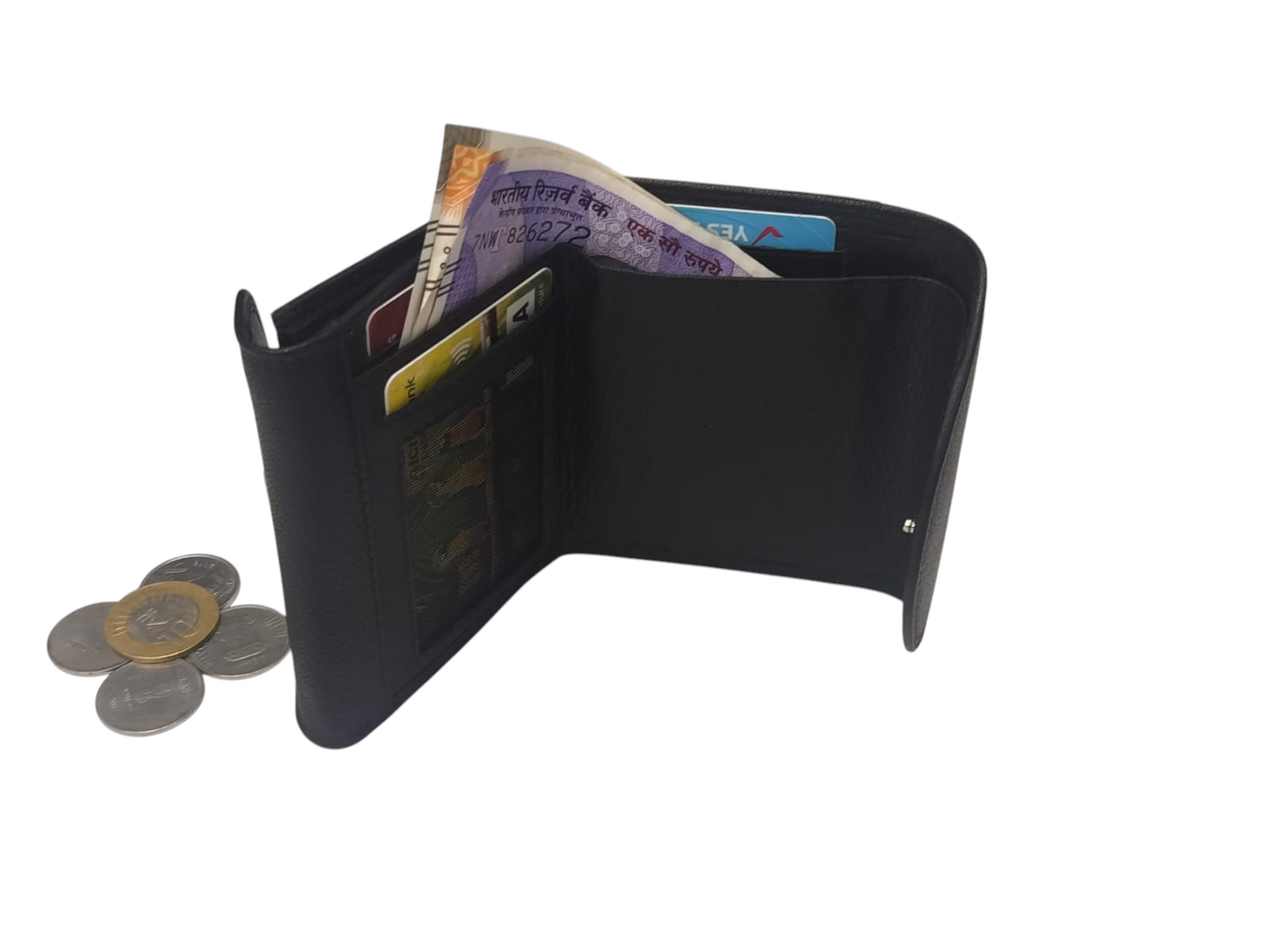 WRIZA Women's Genuine Leather Wallet | Small Black Purse with 3 Card Slots, ID Window & 2 Cash Pockets | Slim Scalloped Design Clutch for Ladies