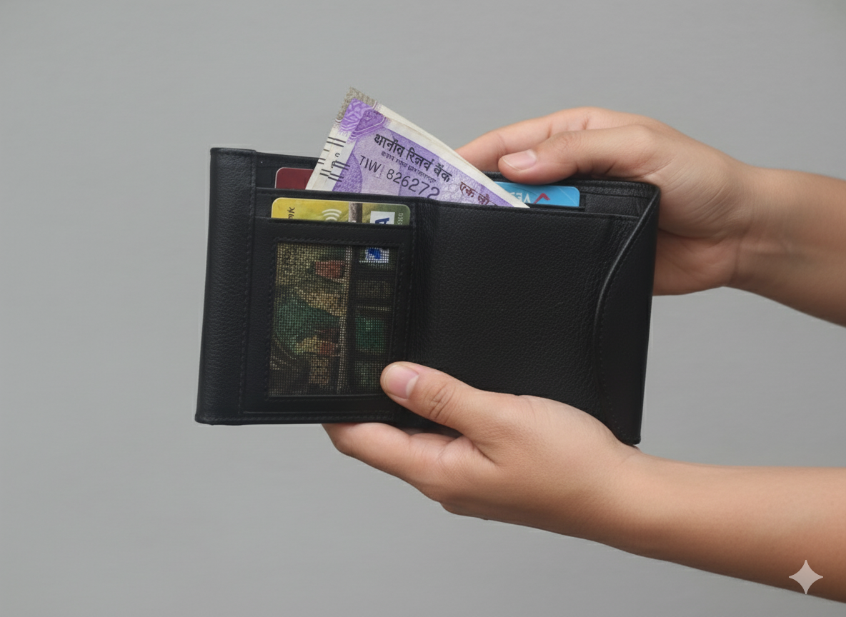 WRIZA Women's Genuine Leather Wallet | Small Black Purse with 3 Card Slots, ID Window & 2 Cash Pockets | Slim Scalloped Design Clutch for Ladies