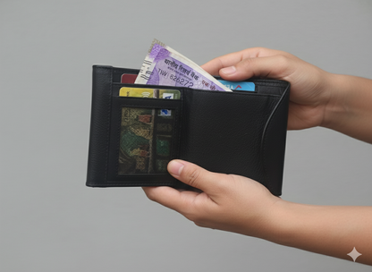 WRIZA Women's Genuine Leather Wallet | Small Black Purse with 3 Card Slots, ID Window & 2 Cash Pockets | Slim Scalloped Design Clutch for Ladies