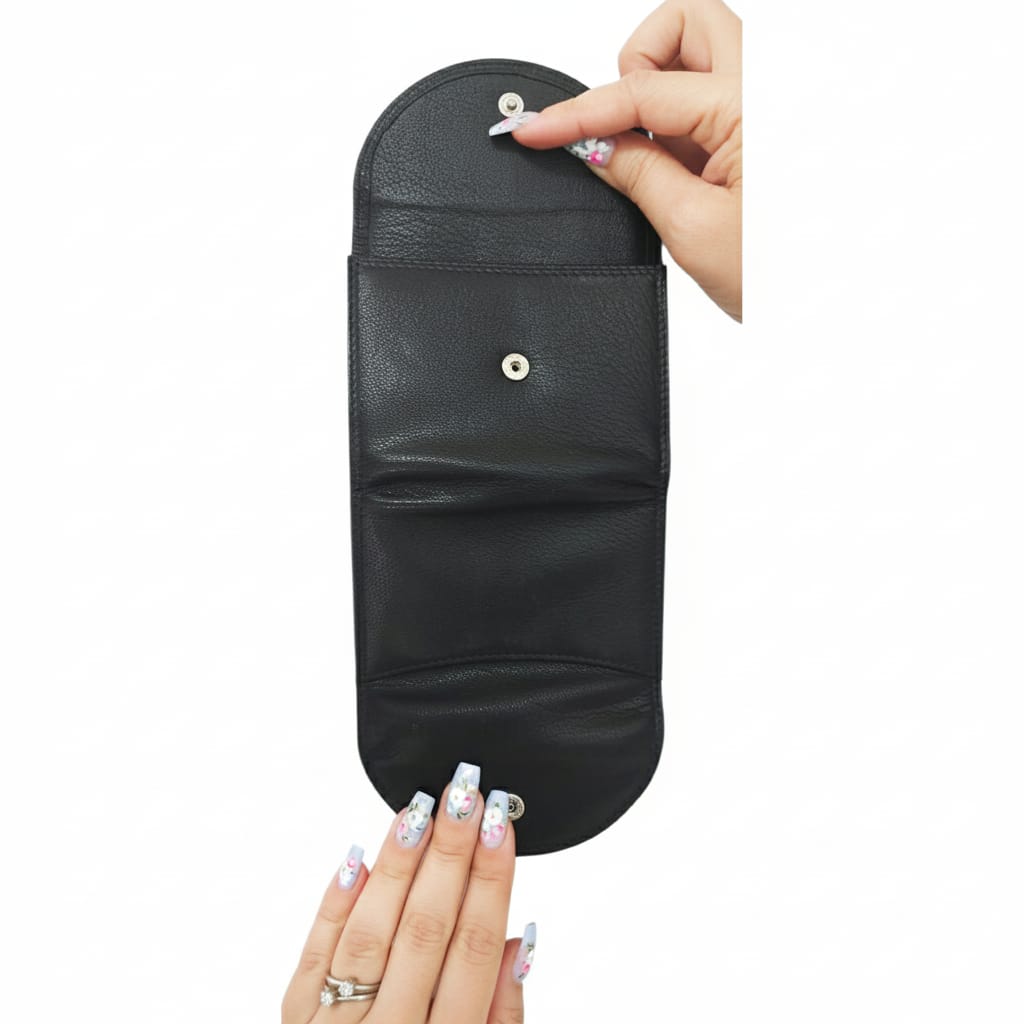 WRIZA Women's Genuine Leather Wallet | Small Black Purse with 3 Card Slots, ID Window & 2 Cash Pockets | Slim Scalloped Design Clutch for Ladies