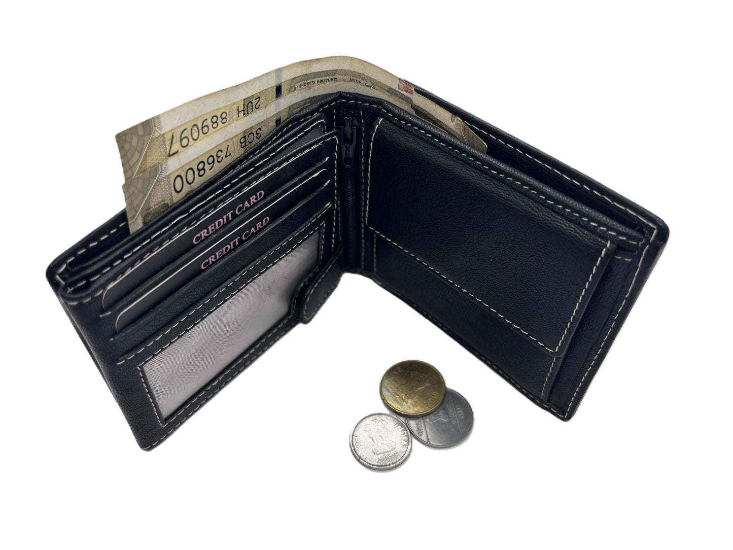 WRIZA Men’s Genuine Leather Bifold Wallet | Premium Textured Finish with Coin Pocket, 2 Currency Compartments & Multiple ID Card Slots | Stylish & Slim Casual Business Wallet for Men (Black)
