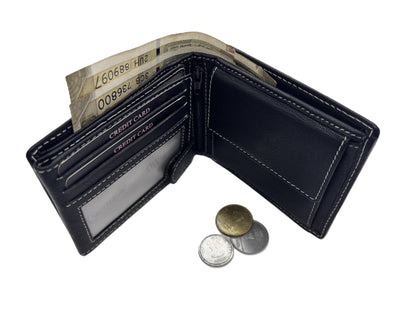 WRIZA Men’s Genuine Leather Bifold Wallet | Premium Textured Finish with Coin Pocket, 2 Currency Compartments & Multiple ID Card Slots | Stylish & Slim Casual Business Wallet for Men (Black)