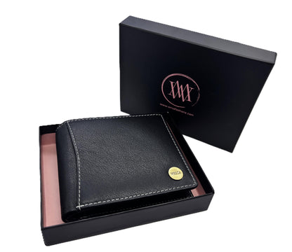 WRIZA Men’s Genuine Leather Bifold Wallet | Premium Textured Finish with Coin Pocket, 2 Currency Compartments & Multiple ID Card Slots | Stylish & Slim Casual Business Wallet for Men (Black)