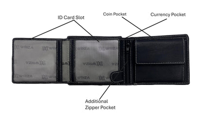 WRIZA Men’s Genuine Leather Bifold Wallet | Premium Textured Finish with Coin Pocket, 2 Currency Compartments & Multiple ID Card Slots | Stylish & Slim Casual Business Wallet for Men (Black)
