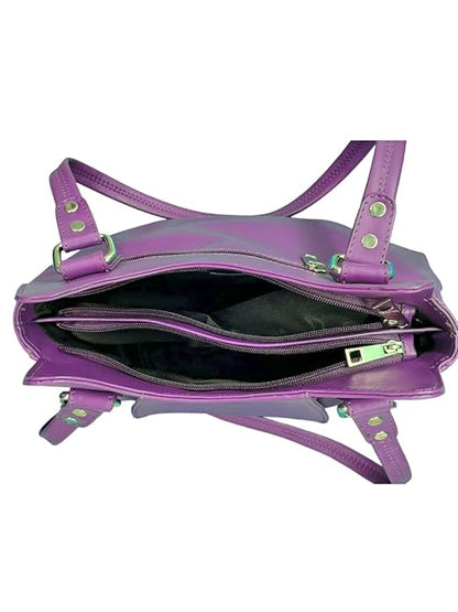 WRIZA Luxury Purple Genuine Leather Handbag for Women | Premium Textured Shoulder Bag with Multiple Zip Compartments | Stylish Ladies Purse for Office & Casual Use | Durable Top-Handle Satchel