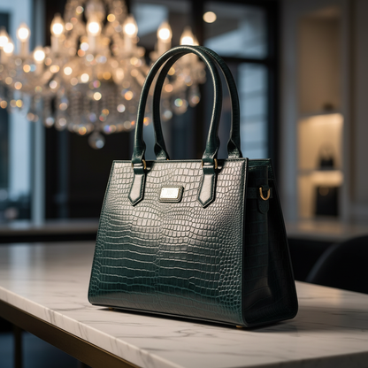 WRIZA Women's Genuine Leather Handbag | Emerald Green Crocodile Textured Tote for Office & Casual Use | Multi-Compartment Satchel Bag with Top Handle