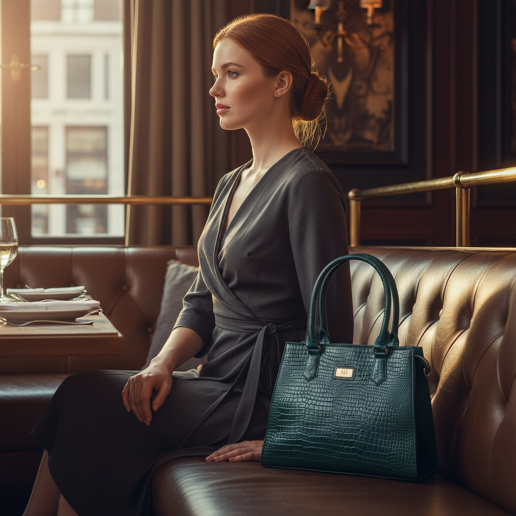 WRIZA Women's Genuine Leather Handbag | Emerald Green Crocodile Textured Tote for Office & Casual Use | Multi-Compartment Satchel Bag with Top Handle