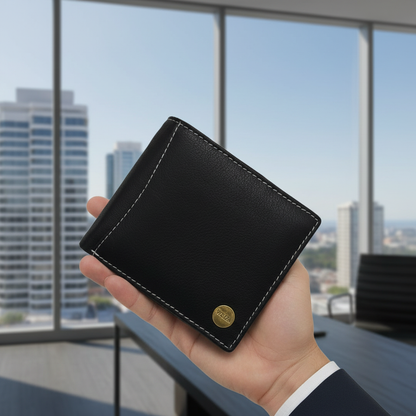 WRIZA Men’s Genuine Leather Bifold Wallet | Premium Textured Finish with Coin Pocket, 2 Currency Compartments & Multiple ID Card Slots | Stylish & Slim Casual Business Wallet for Men (Black)