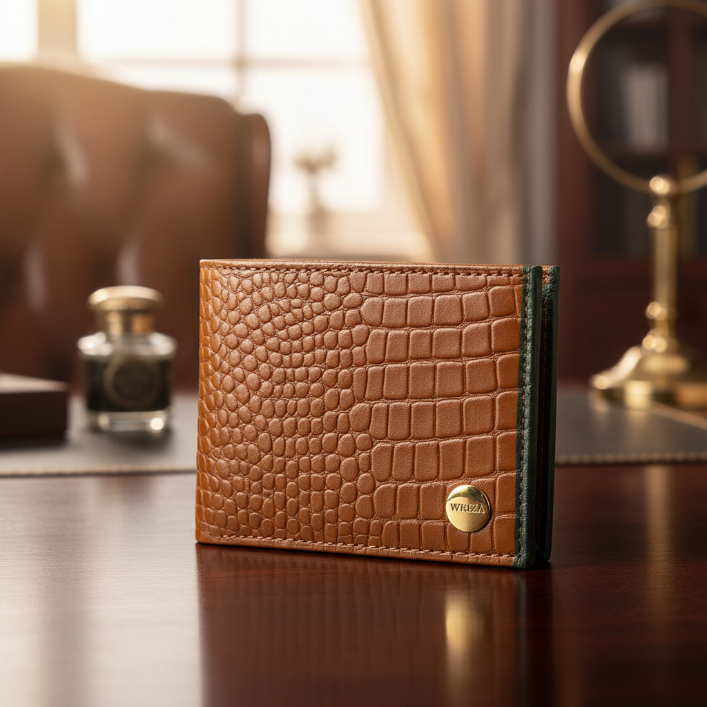 WRIZA Men's Tan Croco Textured Genuine Leather Bifold Wallet | Multiple Card Slots & Coin Pocket | Slim Formal Wallet for Men | Premium Durable Craftmanship