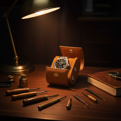 WRIZA Handcrafted Genuine Leather Single Watch Case Roll - Travel Organizer with Soft Suede Lining & Secure Snap Closure - Premium Tan Watch Box for Men & Women