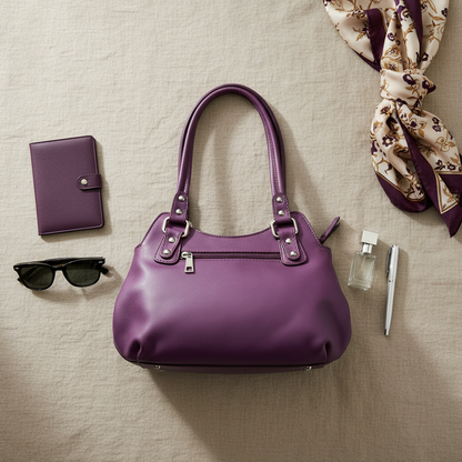WRIZA Luxury Purple Genuine Leather Handbag for Women | Premium Textured Shoulder Bag with Multiple Zip Compartments | Stylish Ladies Purse for Office & Casual Use | Durable Top-Handle Satchel