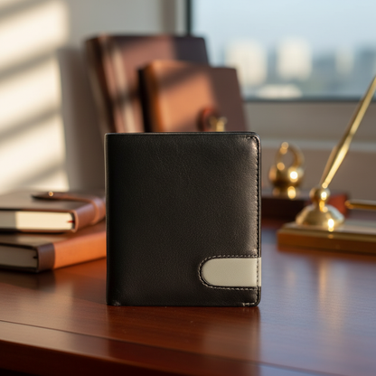 WRIZA Men's Genuine Leather Bifold Wallet | 11 Card Slots & Coin Pocket | Sleek Black Slim Wallet for Men with ID Window and Contrast Detail